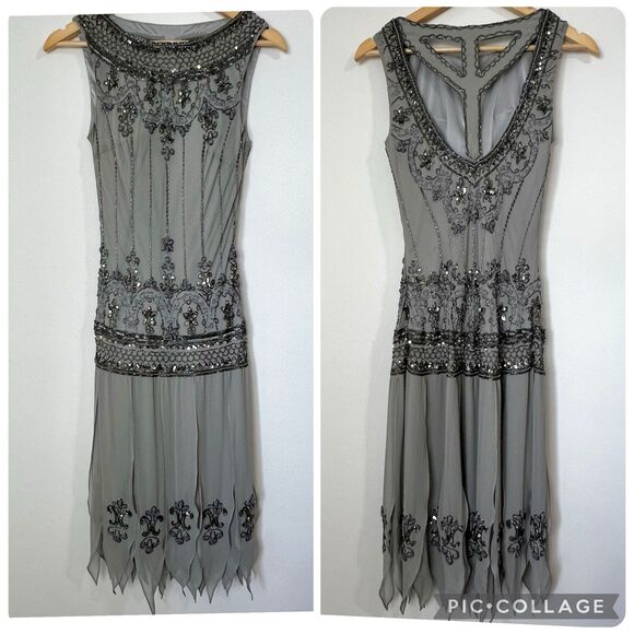 Sue Wong Silk Beaded Flapper Cocktail Dress Gray Lavender NWT Women’s 8 NEW - Picture 1 of 15